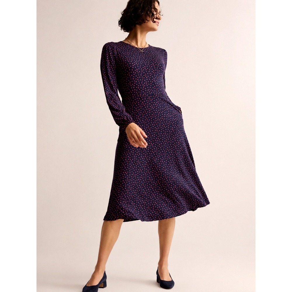 Boden Camille Jersey Midi Dress Navy Red Polka Dot Pockets US 8